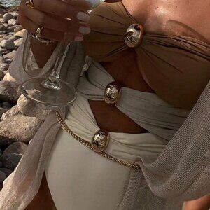 Brown Sexy Women's Colorblock Cut-Out Spaghetti Strap One-Piece Swimsuit